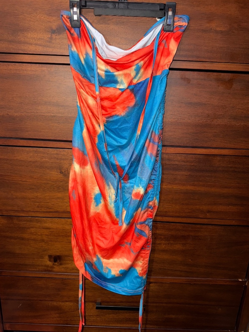 SHEIN | Orange & Blue Strapless Ruched Tie-Dye Mini Dress